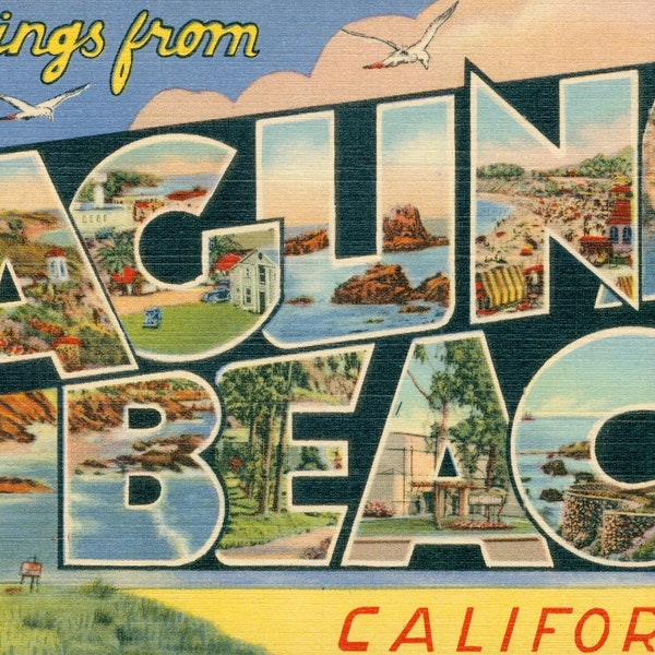 Linen Postcard, Greetings from Laguna Beach, California, Artist, Large Letter