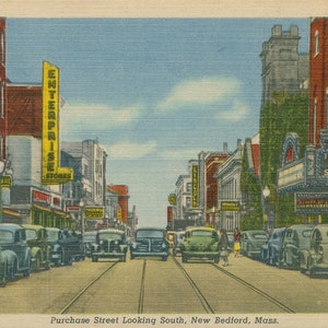 Linen Postcard, New Bedford, Massachusetts, Purchase Street, Looking South