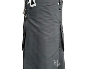 Falda escocesa utilitaria gris para hombre con bolsillos con solapa – Falda cargo moderna para hombre