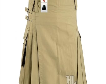 Falda escocesa utilitaria de lujo color caqui para hombre – Falda escocesa táctica tipo cargo para hombre