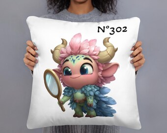 May include: White decorative pillow featuring a cartoon character with pink hair, gold horns, and blue eyes. The character is holding a mirror and wearing a blue and green outfit. The pillow has the number "Nº302" printed on it.