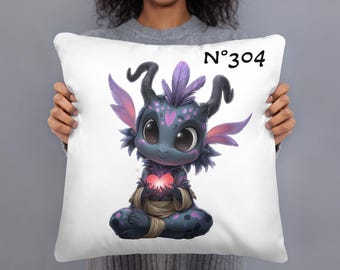 May include: White square pillow featuring a cartoon creature with large eyes, purple accents, and a glowing heart. The creature is seated and has horns and wings. The text "N°304" is printed in black on the pillow.
