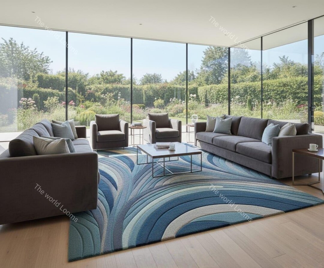 Blue Wave Pattern Hand Tufted Rug, Contemporary Wool Area Rug, Modern ...