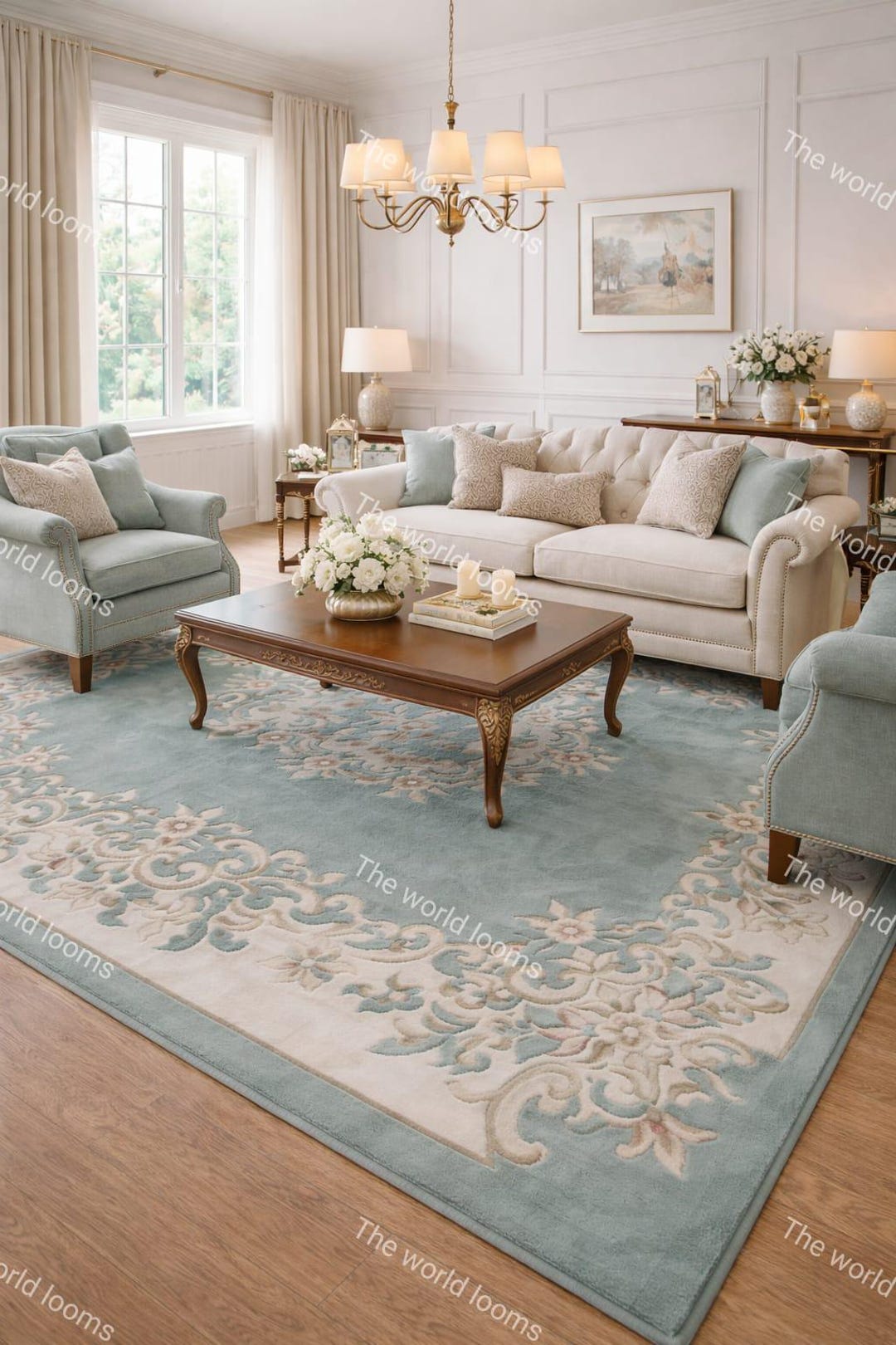 Luxury Floral Hand Tufted Wool Rug, Vintage Style Area Rug, Soft Blue ...