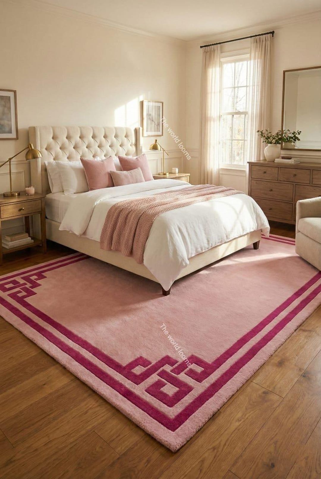 Border Area Rug Pink Hand Tufted Pink Rug, Blush Pink Area Rug With Geometric Border, Modern ...