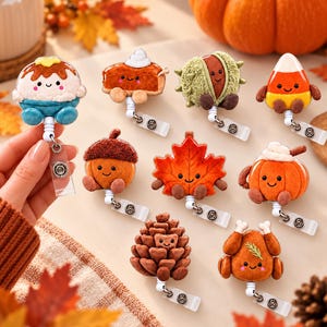 May include: A collection of nine autumn-themed badge reels featuring plush, smiling characters including a pie, chestnut, candy corn, acorn, maple leaf, pumpkin, pinecone, and roasted turkey, each attached to a retractable plastic clip mechanism.