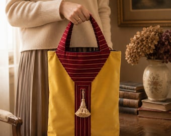 Conjunto de bolsa de veludo azul-petróleo e amarelo – nécessaire combinando – 30x39 cm