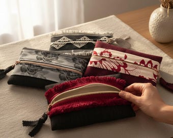 Multi-purpose designer fabric pouch with trim - Lined handbag organizer