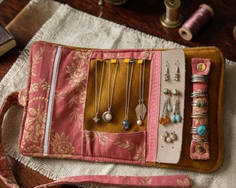 Bolsa de viagem para joias em veludo mostarda, modelo Marie-Antoinette, com detalhes em jacquard dourado e rosa, 29 x 17 cm.