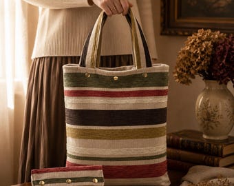 Conjunto de bolsa tote de veludo cáqui e ocre – nécessaire combinando – 30x40 cm