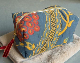 Estojo para lápis em brocado azul-acinzentado – interior azul liso – 22x12x12 cm