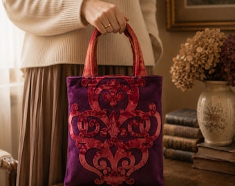 Bolsa de veludo ameixa e terracota – veludo vintage cortado – 29x35 cm