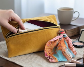 Nécessaire multifuncional de veludo amarelo – para maquiagem e documentos, 19 x 12 cm