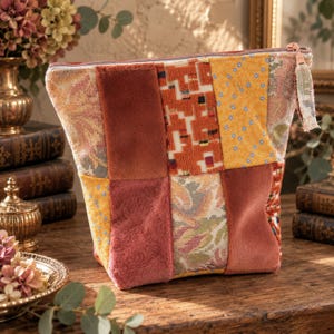 Elegante beauty case patchwork – Velluto, jacquard e seta – Borsa da viaggio realizzata a mano – Pezzo unico