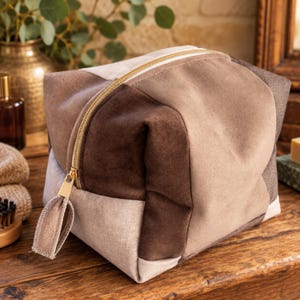 Neceser de patchwork – Telas de tapicería vintage – Marrón, beige, gris topo – Pieza única