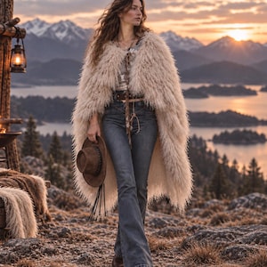 Peut inclure: Un long manteau en fausse fourrure hirsute de couleur crème porté sur un haut à motifs et un jean évasé bleu foncé. La tenue comprend une ceinture en cuir marron avec un détail à nouer et un chapeau marron à larges bords tenu à la main.