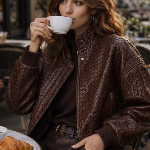 Handwoven Lambskin Leather Jacket Women – Brown Genuine Leather Bomber Coat