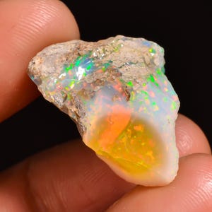 Peut inclure: Une pierre d'opale brute, non taillée, avec un jeu de couleurs éclatant. La pierre présente des éclats de vert, d'orange et de jaune dans une base blanche laiteuse. L'opale est tenue dans une main.