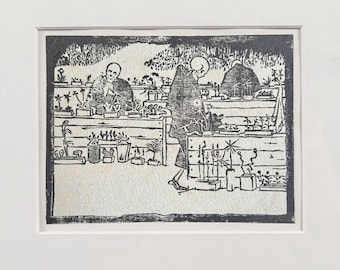 Hugo Simberg Dibujando la Muerte Jardín de la Muerte Calavera Esqueleto Halloween Grabado finlandés Xilografía
