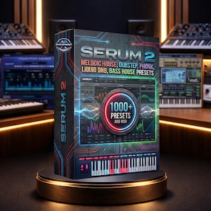 May include: A product box for "Serum 2" software, featuring a digital audio workstation interface. The box is black with blue and red accents, and displays the text "Serum 2" and "1000+ Presets and MIDI". The box is on a gold stand.