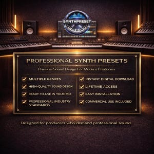 May include: A digital advertisement for SynthPreset, featuring a dark background with audio equipment. A central sign displays "PROFESSIONAL SYNTH PRESETS" and key features. The SynthPreset logo is at the top, with text: "Designed for producers who demand professional sound."