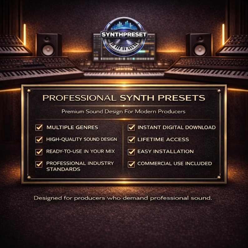 May include: A digital advertisement for SynthPreset, featuring a dark background with audio equipment. A central sign displays "PROFESSIONAL SYNTH PRESETS" and key features. The SynthPreset logo is at the top, with text: "Designed for producers who demand professional sound."