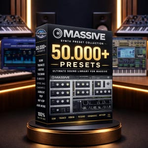 Pode incluir: Uma caixa preta com o texto "MASSIVE SYNTH PRESET COLLECTION" e "50.000+ PRESETS" em letras douradas. A caixa está em um suporte dourado, com teclados e equipamentos de áudio ao fundo. Gêneros musicais são listados.
