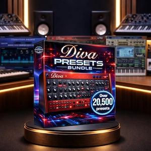 Puede incluir: Caja de producto para "Diva Presets Bundle" con un diseño de sintetizador rojo y negro. La caja está sobre un soporte dorado, con el texto "Over 20,500 presets" en un círculo azul. Otros sintetizadores están en el fondo.