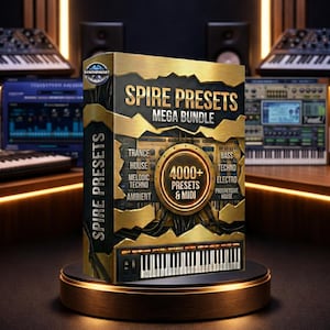 May include: A gold and black box set of Spire Presets Mega Bundle, with over 4000 presets and MIDI files. The box includes labels for Trance, House, Techno, and other music genres. The product is displayed on a gold stand.