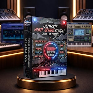 Può includere: Una confezione del prodotto Sylenth1 Ultimate Multi-Genre Bundle, con oltre 5000 preset e file MIDI. La confezione presenta una tastiera e elenca generi musicali come Melodic House, Dubstep e Trance. È esposta su un piedistallo dorato.