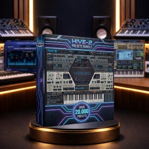 May include: A product box for HIVE-2 Presets Bundle, featuring a detailed interface design with a keyboard and numerous controls. The box is black with neon blue and purple accents, and the text "OVER 20,000 PRESETS" is visible. The box is displayed on a gold and black stand.
