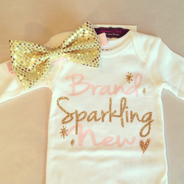 Brand Sparkling New Glitter Gold Pink Onesie Shabby Chic Headband Newborn Onesie Gold Coming Home Outfit