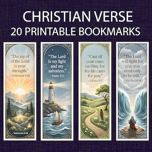 Puede incluir: Cuatro marcadores imprimibles con versículos cristianos. Cada marcador presenta una escena de paisaje diferente con un versículo bíblico. La parte superior de la imagen dice "CHRISTIAN VERSE 20 PRINTABLE BOOKMARKS."