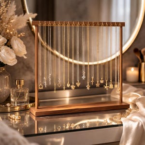 Op de afbeelding: Een houten sieradenstandaard met talrijke kettingen met diverse hangerontwerpen. De kettingen zijn goud- en zilverkleurig, en de standaard is gemaakt van donker hout. De achtergrond is wazig, met een spiegel en bloemen.
