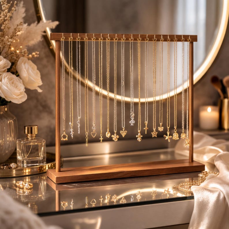 Op de afbeelding: Een houten sieradenstandaard met talrijke kettingen met diverse hangerontwerpen. De kettingen zijn goud- en zilverkleurig, en de standaard is gemaakt van donker hout. De achtergrond is wazig, met een spiegel en bloemen.