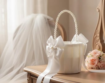 Ivory Satin Flower Girl Basket | Pearl Handle Wedding Basket | Elegant Ceremony Decor Wicker Basket