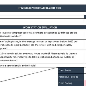 Pode incluir: Um documento de ferramenta de auditoria de estação de trabalho ergonómica com cabeçalho e rodapé azul escuro. O documento inclui secções para o cliente e a localização, e uma avaliação da estação de trabalho com perguntas e opções de resposta. A classificação final é marcada como "Pobre".