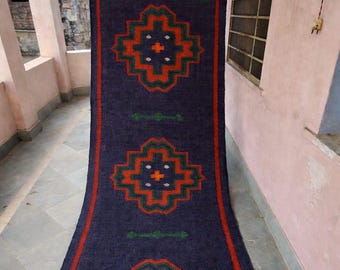 Alfombra vintage hecha a mano, alfombra de lana geométrica tribal, alfombra bohemia para pasillo, alfombra rústica azul oscuro, alfombra larga de estilo marroquí, alfombra personalizada