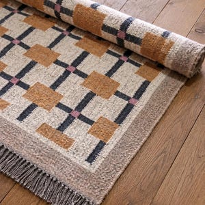 Handgjord ulljutematta, jutematta för stor yta, neutral rosa rutig matta, miljövänlig geometrisk mönster boho traditionell specialanpassad jutematta 4x7