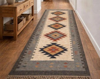 Southwestern Kilim Runner, Aztec Geometric Hallway Rug, Rustic Farmhouse Entryway Rug, Boho Tribal Area Rug - Earth Tone Handwoven Style