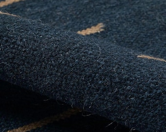 Alfombra geométrica de yute azul marino: hecha a mano, con estampado bohemio de rombos y flecos naturales, moderna alfombra rústica, alfombra personalizada de 4x6 y 5x8