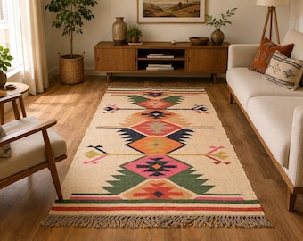 May include: A rectangular area rug featuring a cream-coloured base with a repeating geometric pattern in shades of pink, orange, green, and dark blue. The design includes symmetrical diamond and arrow motifs with a fringed edge on the short ends.