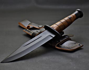 Coltello Bowie da 12 pollici, lama nera mezzanotte, manico in palissandro naturale, regalo per gli sposi