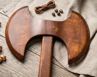Handgefertigte Doppelaxt aus Holz – Wikinger Deko, Martial Arts Übungs-Werkzeug, Cosplay Requisite