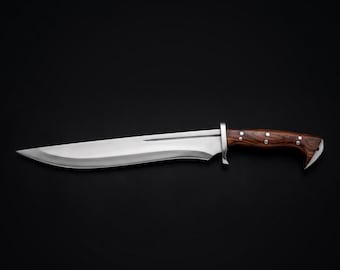 Coltello artigianale in stile Bowie con manico in legno e fodero in pelle – Regalo rustico da collezione per attività all'aperto