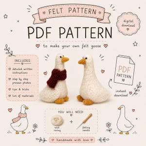 Puede incluir: Un patrón en PDF para hacer gansos de fieltro. La imagen muestra dos gansos terminados, uno con una bufanda burdeos. El patrón incluye instrucciones detalladas, fotos del proceso y consejos. La imagen también muestra los materiales necesarios: lana para fieltro y una aguja de fieltro.