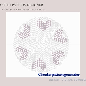 Puede incluir: Diseño digital para un generador de patrones de ganchillo circulares. La imagen presenta un fondo blanco con un diseño circular de pequeños puntos en color lila claro. El texto en la parte superior dice "CROCHET PATTERN DESIGNER".