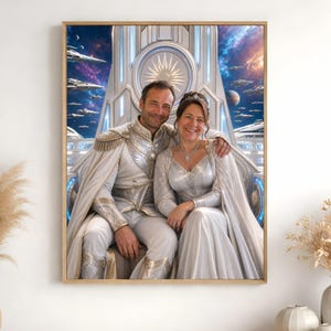May include: A framed digital portrait featuring two people dressed in ornate white and silver space-themed royal attire, seated on a futuristic throne. The background displays a cosmic scene with nebulae, planets, and a fleet of silver starships.