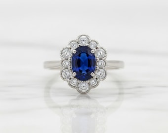Bague cadeau de fiançailles en saphir naturel et diamants de taille ovale de 3,50 carats en or blanc massif 14 carats