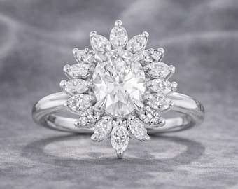 Bague cadeau fête des Mères avec diamants naturels ovales de 4,00 carats, or blanc massif 14 carats
